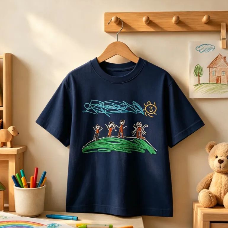 Custom Kids Drawing Embroidered T-Shirt – Personalized Child Artwork Tee, Custom Family Portrait Embroidery Shirt, Meaningful Gift for Mom, Dad & Grandparents - MyFaceSocksAU