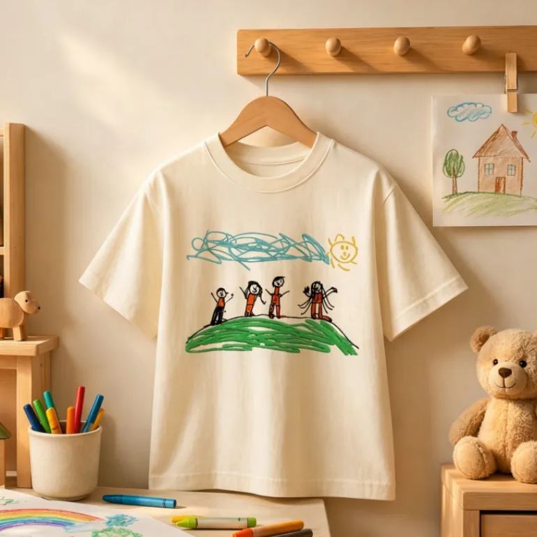 Custom Kids Drawing Embroidered T-Shirt – Personalized Child Artwork Tee, Custom Family Portrait Embroidery Shirt, Meaningful Gift for Mom, Dad & Grandparents - MyFaceSocksAU