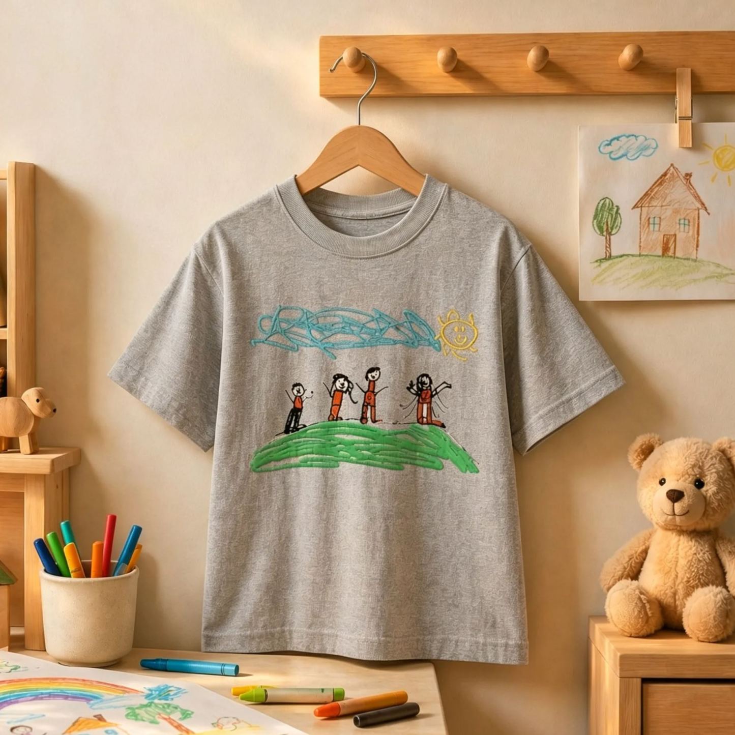 Custom Kids Drawing Embroidered T-Shirt – Personalized Child Artwork Tee, Custom Family Portrait Embroidery Shirt, Meaningful Gift for Mom, Dad & Grandparents - MyFaceSocksAU