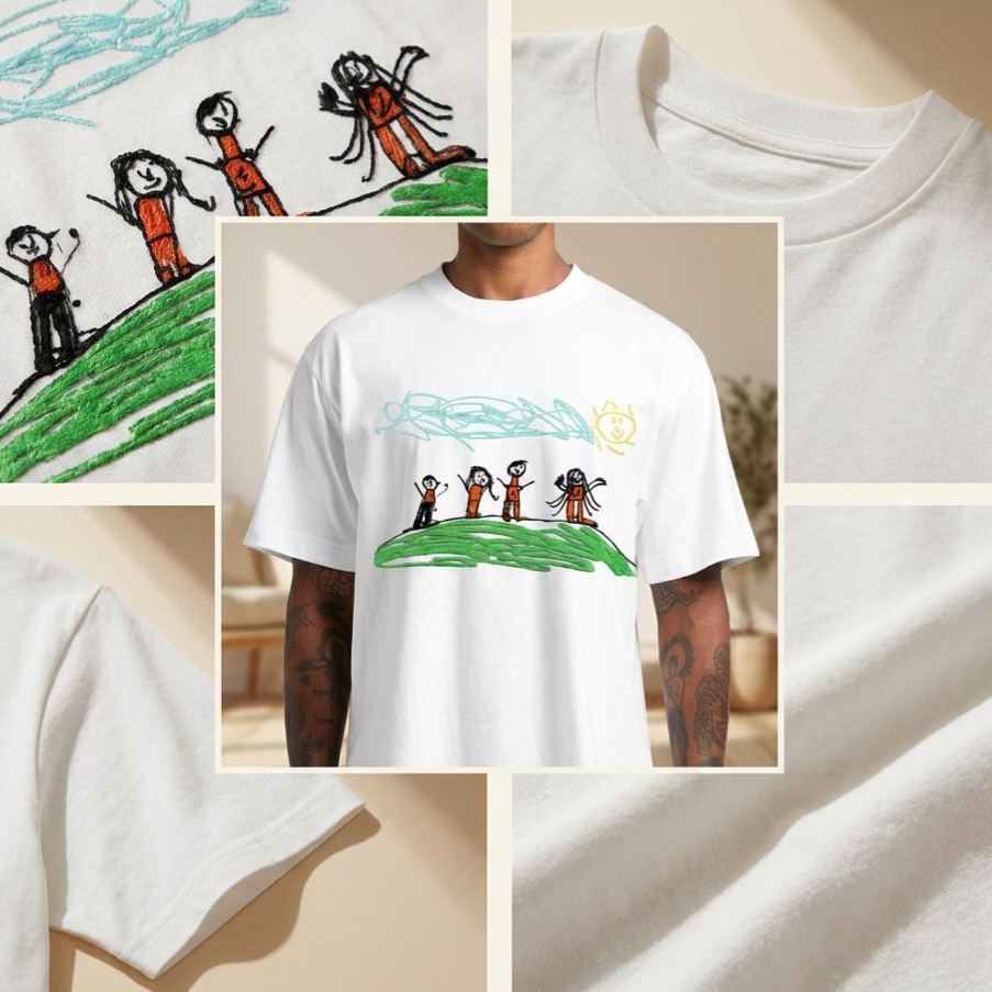 Custom Kids Drawing Embroidered T-Shirt – Personalized Child Artwork Tee, Custom Family Portrait Embroidery Shirt, Meaningful Gift for Mom, Dad & Grandparents - MyFaceSocksAU