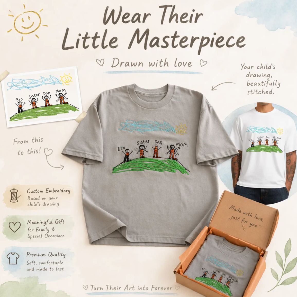 Custom Kids Drawing Embroidered T-Shirt – Personalized Child Artwork Tee, Custom Family Portrait Embroidery Shirt, Meaningful Gift for Mom, Dad & Grandparents - MyFaceSocksAU