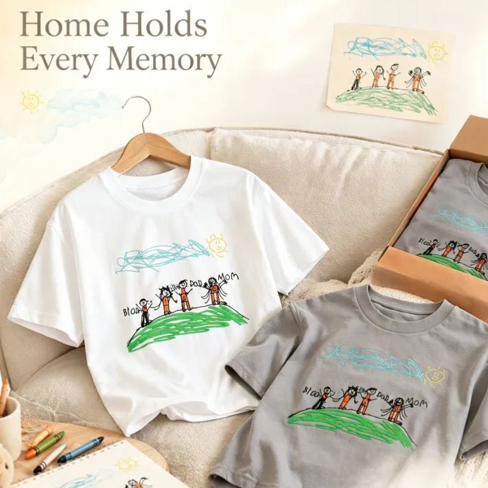 Custom Kids Drawing Embroidered T-Shirt – Personalized Child Artwork Tee, Custom Family Portrait Embroidery Shirt, Meaningful Gift for Mom, Dad & Grandparents - MyFaceSocksAU