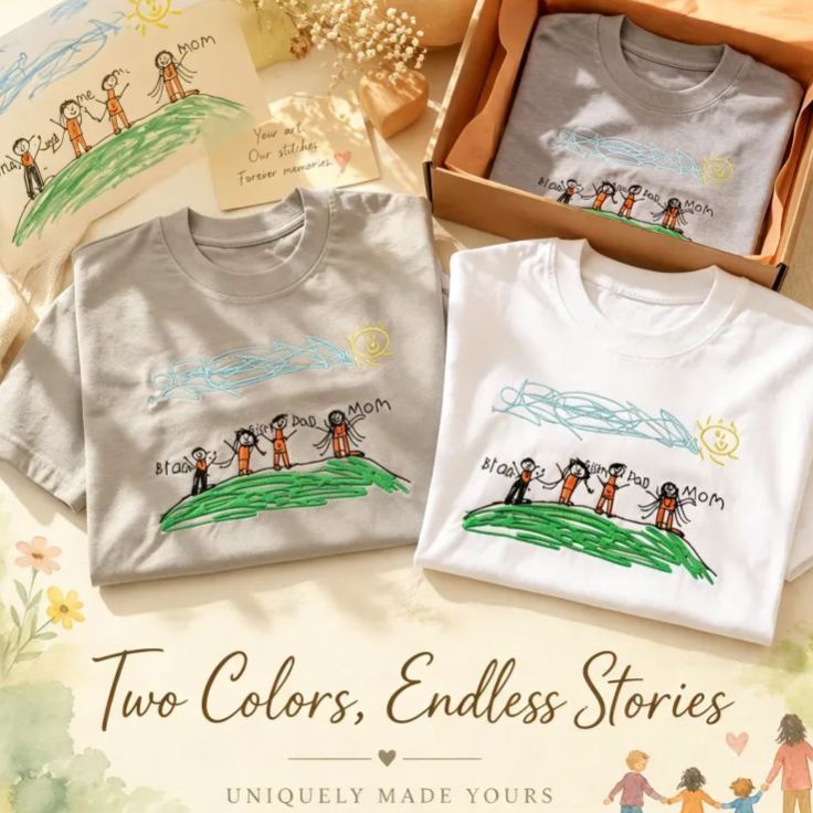 Custom Kids Drawing Embroidered T-Shirt – Personalized Child Artwork Tee, Custom Family Portrait Embroidery Shirt, Meaningful Gift for Mom, Dad & Grandparents - MyFaceSocksAU