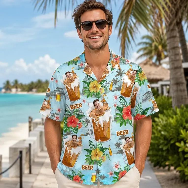 Personalized Hawaiian Shirt with Photo, Personalized Beer Shirt, Funny Gift for Beach Vacation - MyFaceSocksAU