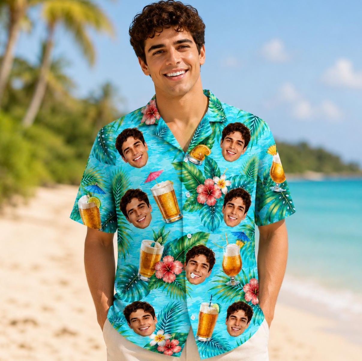 Personalized Hawaiian Shirt with Photo, Personalized Beer Shirt, Funny Gift for Beach Vacation - MyFaceSocksAU