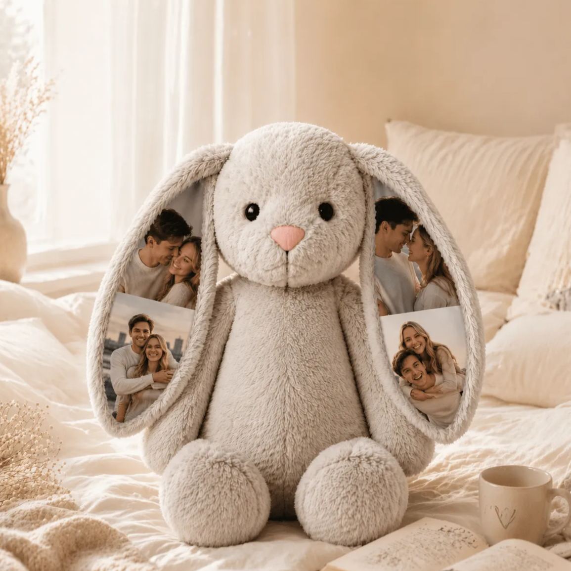 Custom Photo Bunny Plush – Personalized Hidden Ear Picture Bunny Valentine's Day Gift for Couples - MyFaceSocksAU