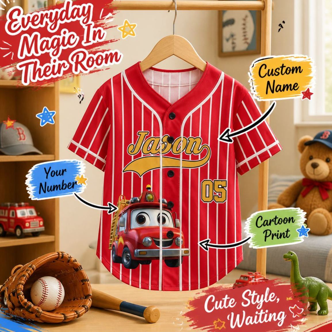 Kid Cartoon Dinosaur Vehicles Personalized Jersey Shirt – Custom Name Kids Sports Tee, Cute Dino Racing Jersey Gift for Boys & Girls - MyFaceSocksAU