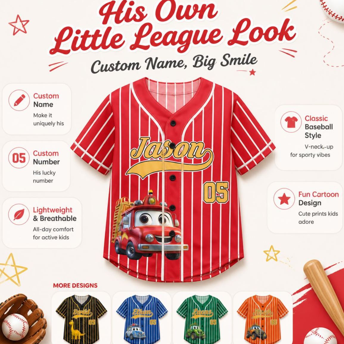 Kid Cartoon Dinosaur Vehicles Personalized Jersey Shirt – Custom Name Kids Sports Tee, Cute Dino Racing Jersey Gift for Boys & Girls - MyFaceSocksAU