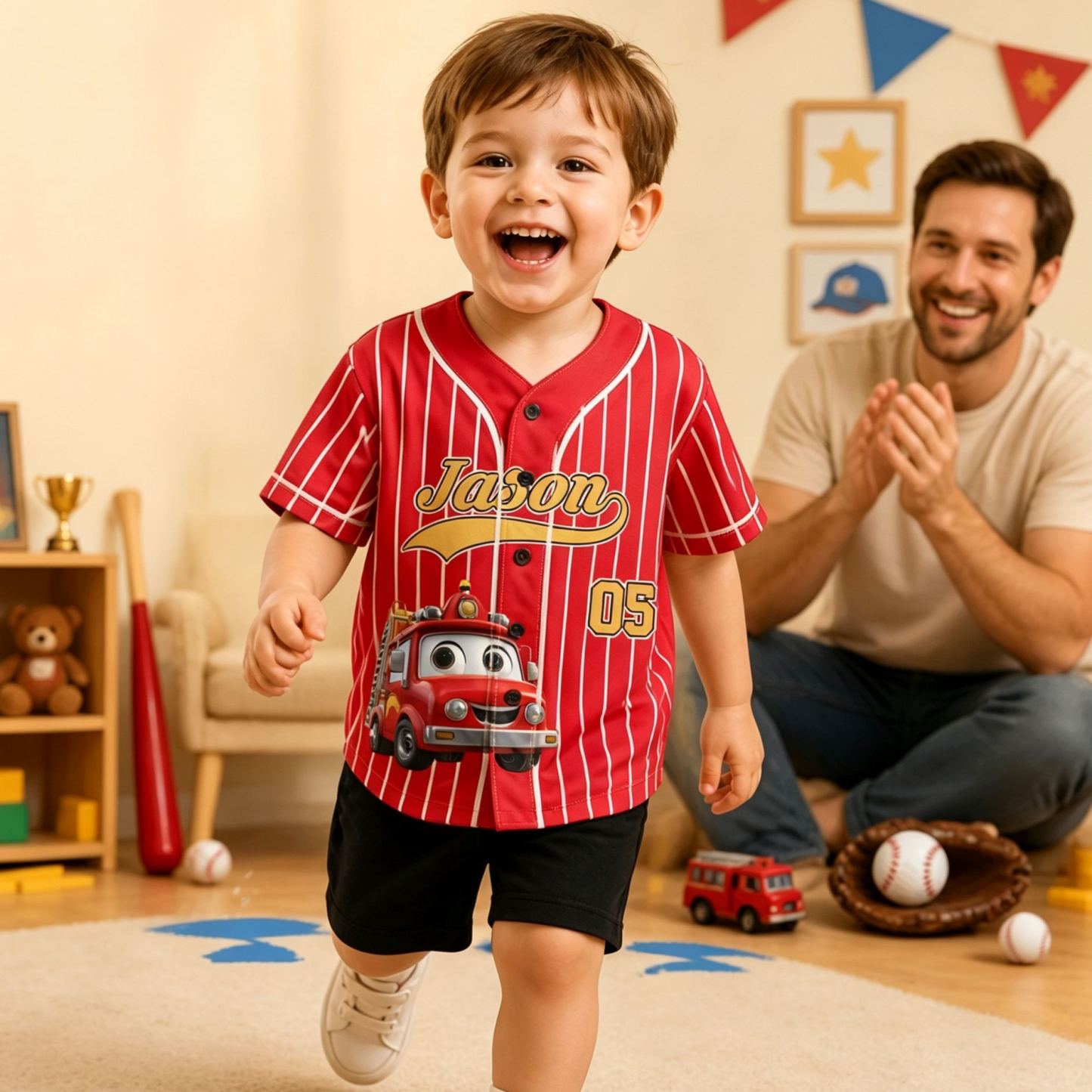 Kid Cartoon Dinosaur Vehicles Personalized Jersey Shirt – Custom Name Kids Sports Tee, Cute Dino Racing Jersey Gift for Boys & Girls - MyFaceSocksAU