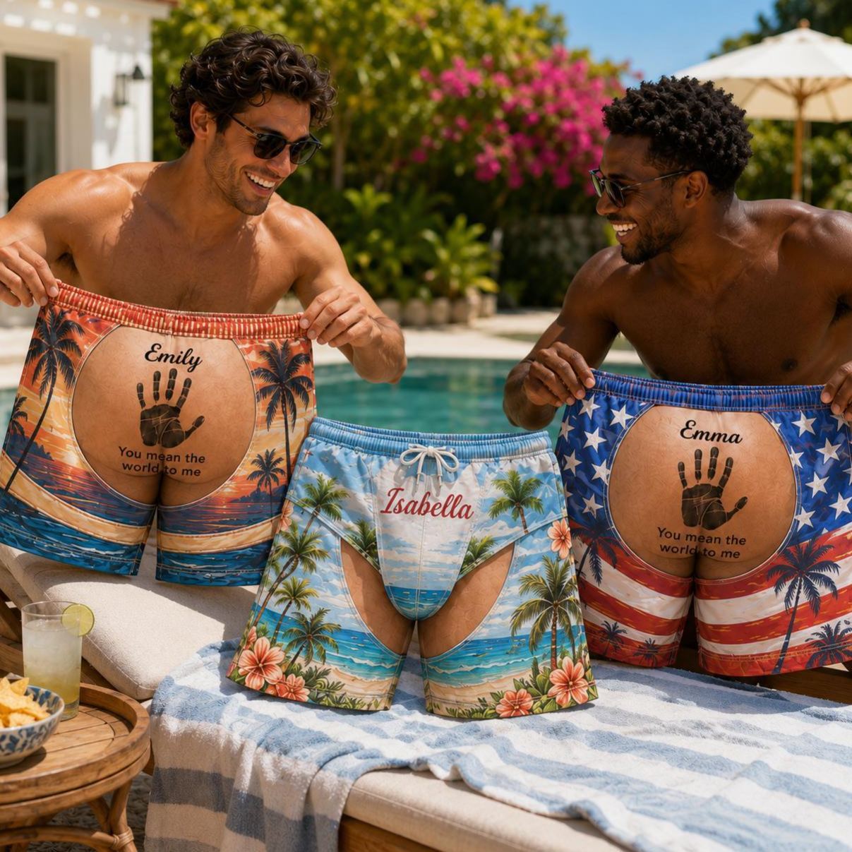 Personalized Men’s Beachwear – Handprint + Custom Name Swim Shorts in Bold Summer Prints (Non-Branded) - MyFaceSocksAU