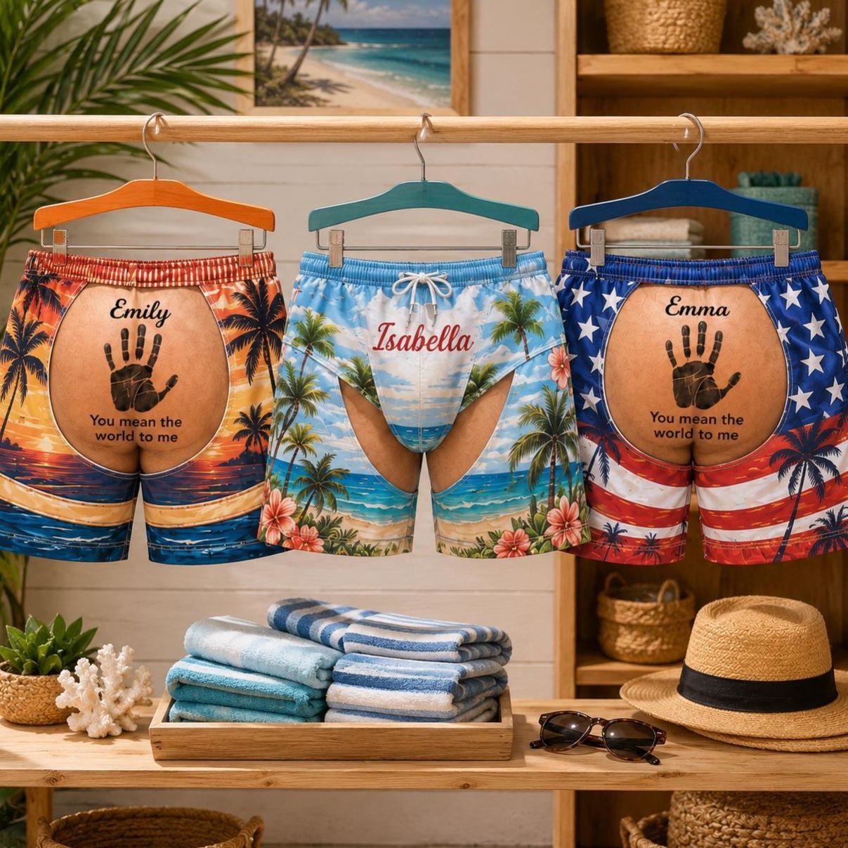 Personalized Men’s Beachwear – Handprint + Custom Name Swim Shorts in Bold Summer Prints (Non-Branded) - MyFaceSocksAU