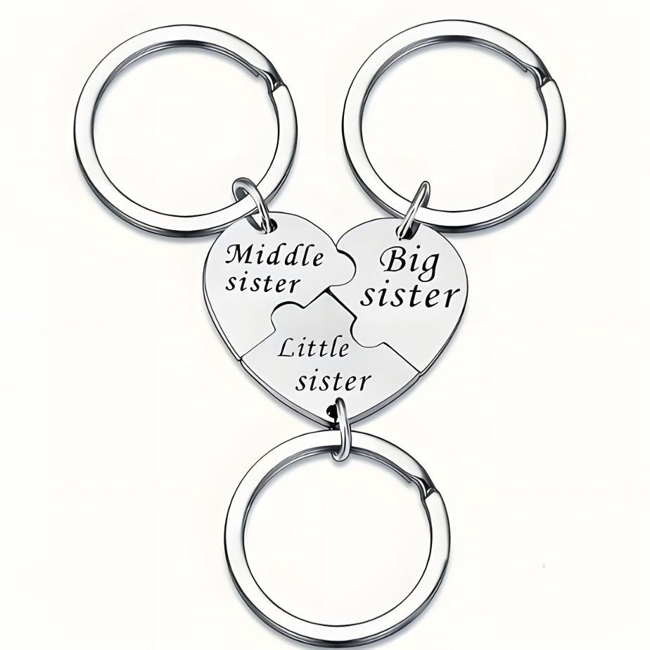 Custom Stainless Steel Puzzle Heart Keychain Set – Big Sister, Middle Sister, Little Sister Engraved Family Bond Gift - MyFaceSocksAU