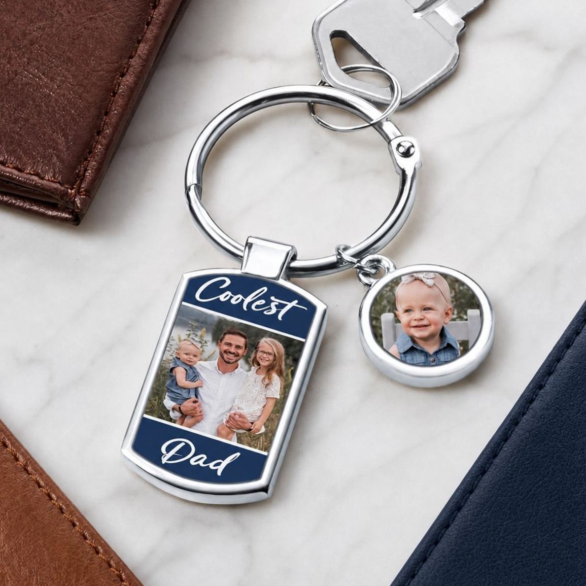 Personalized Coolest Dad Photo Keychain – Custom Picture Charms Keyring Gift for Dad from Kids, Father's Day Memory Keepsake - MyFaceSocksAU