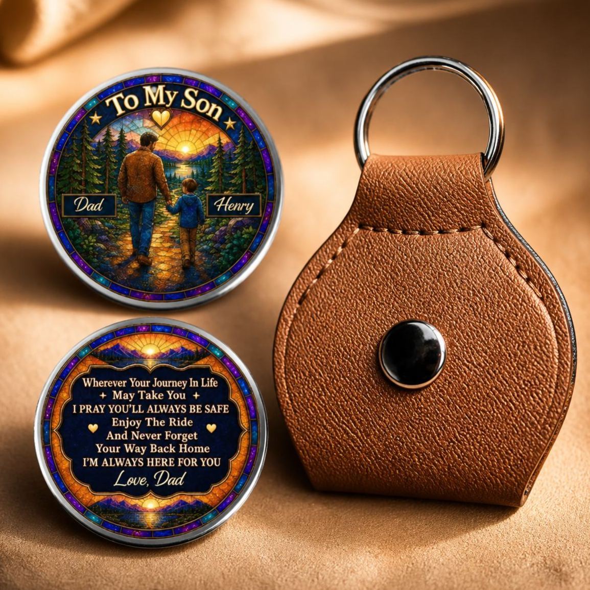 Personalized Father & Son Pocket Hug Custom Sunset Journey Keepsake Gift for Son, Inspirational Carry Along Token - MyFaceSocksAU