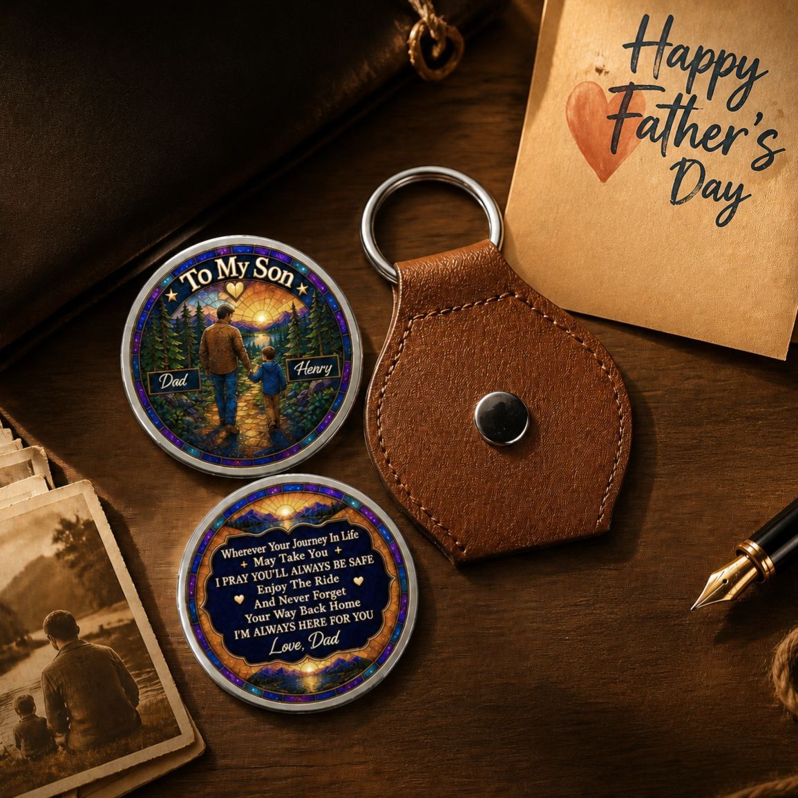 Personalized Father & Son Pocket Hug Custom Sunset Journey Keepsake Gift for Son, Inspirational Carry Along Token - MyFaceSocksAU