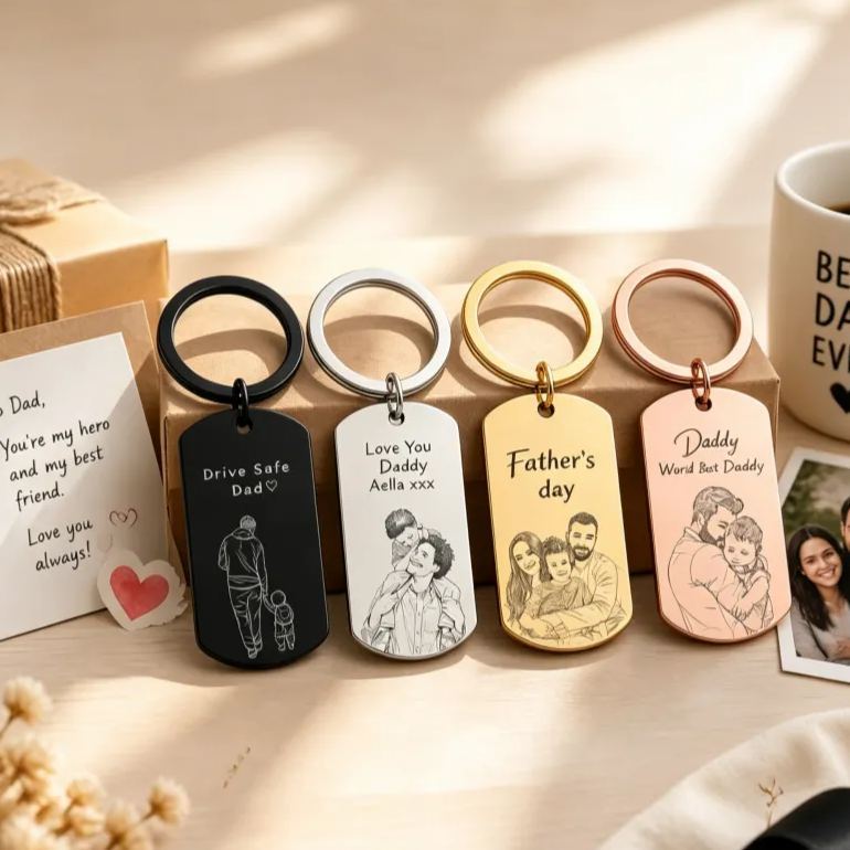 Personalised Photo Keychain Custom Engraved Sketch Keyring for Dad Memorial Stainless Steel Keepsake Birthday Gift for Him - MyFaceSocksAU