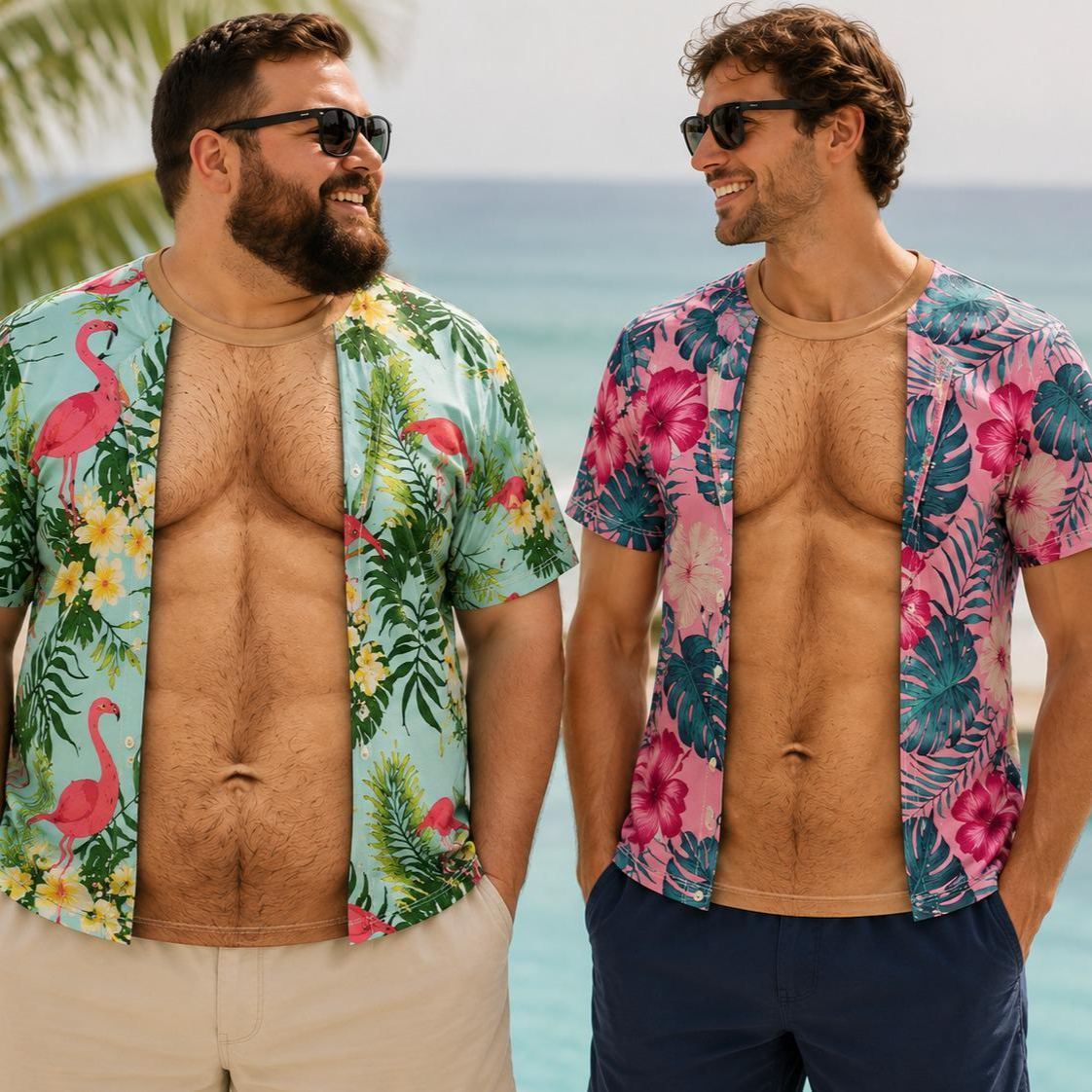 Funny Hairy Chest 3D Print T-Shirt, Tropical Hawaiian Shirt Illusion Tee, Mens Beach Vacation Shirt, Gag Gift for Him, Summer Party Tee - MyFaceSocksAU