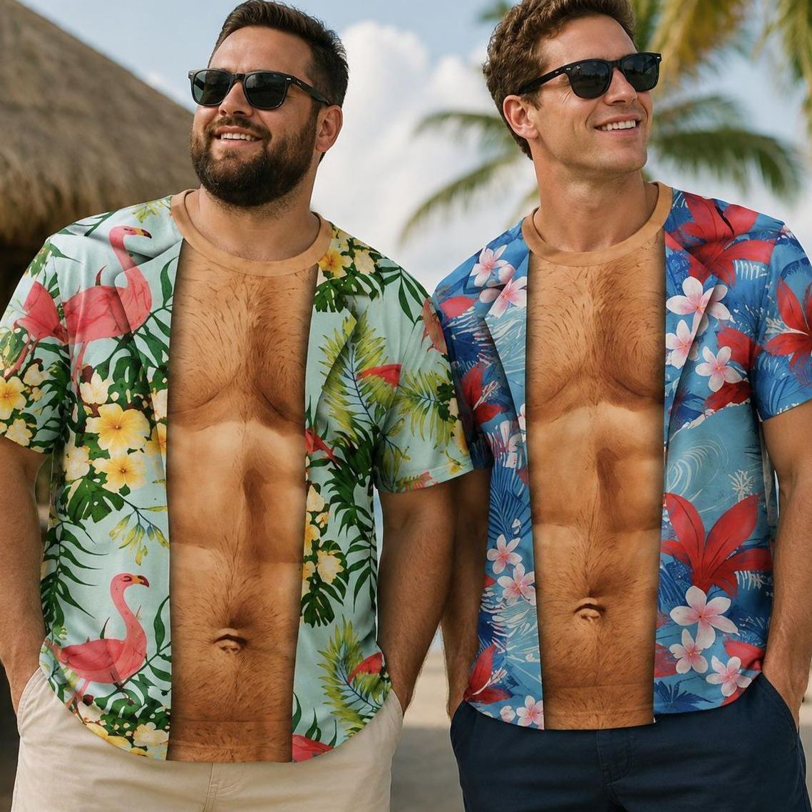 Funny Hairy Chest 3D Print T-Shirt, Tropical Hawaiian Shirt Illusion Tee, Mens Beach Vacation Shirt, Gag Gift for Him, Summer Party Tee - MyFaceSocksAU