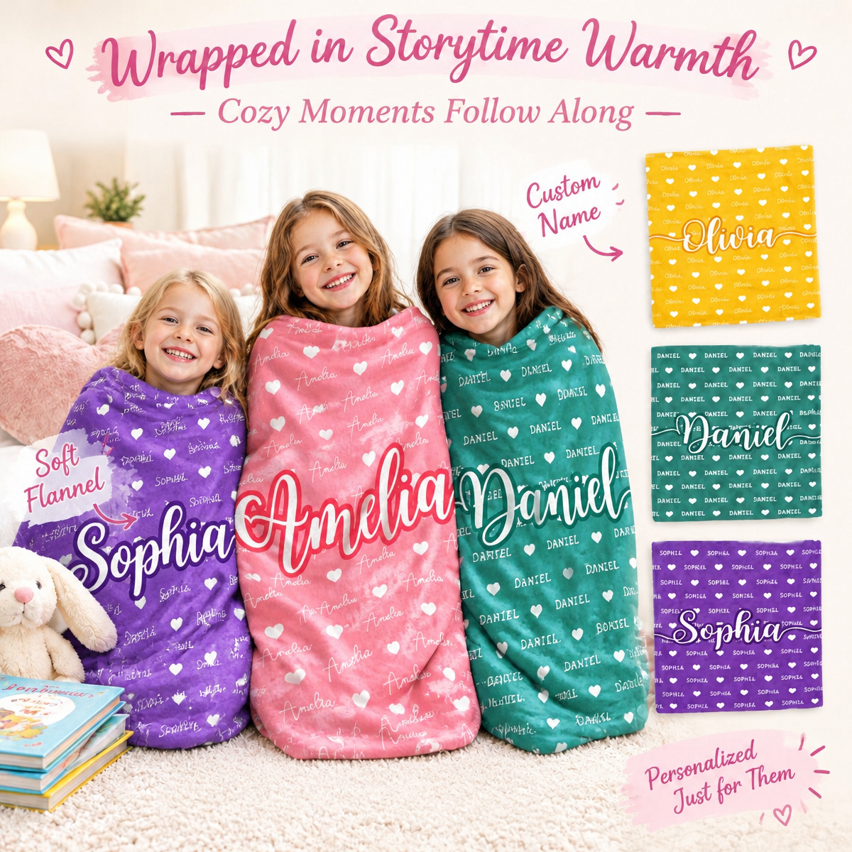 Personalized Fleece Blanket for Kids  Birthday Gift with Name & Hearts, Cozy Sherpa Throw for Girls and Boys Christmas Gift - MyFaceSocksAU