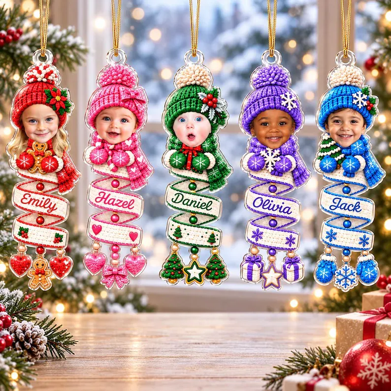 Personalized Photo Spiral Ornament for Christmas Tree - Custom Name & Child Photo Gift for Family Holiday Decor - MyFaceSocksAU