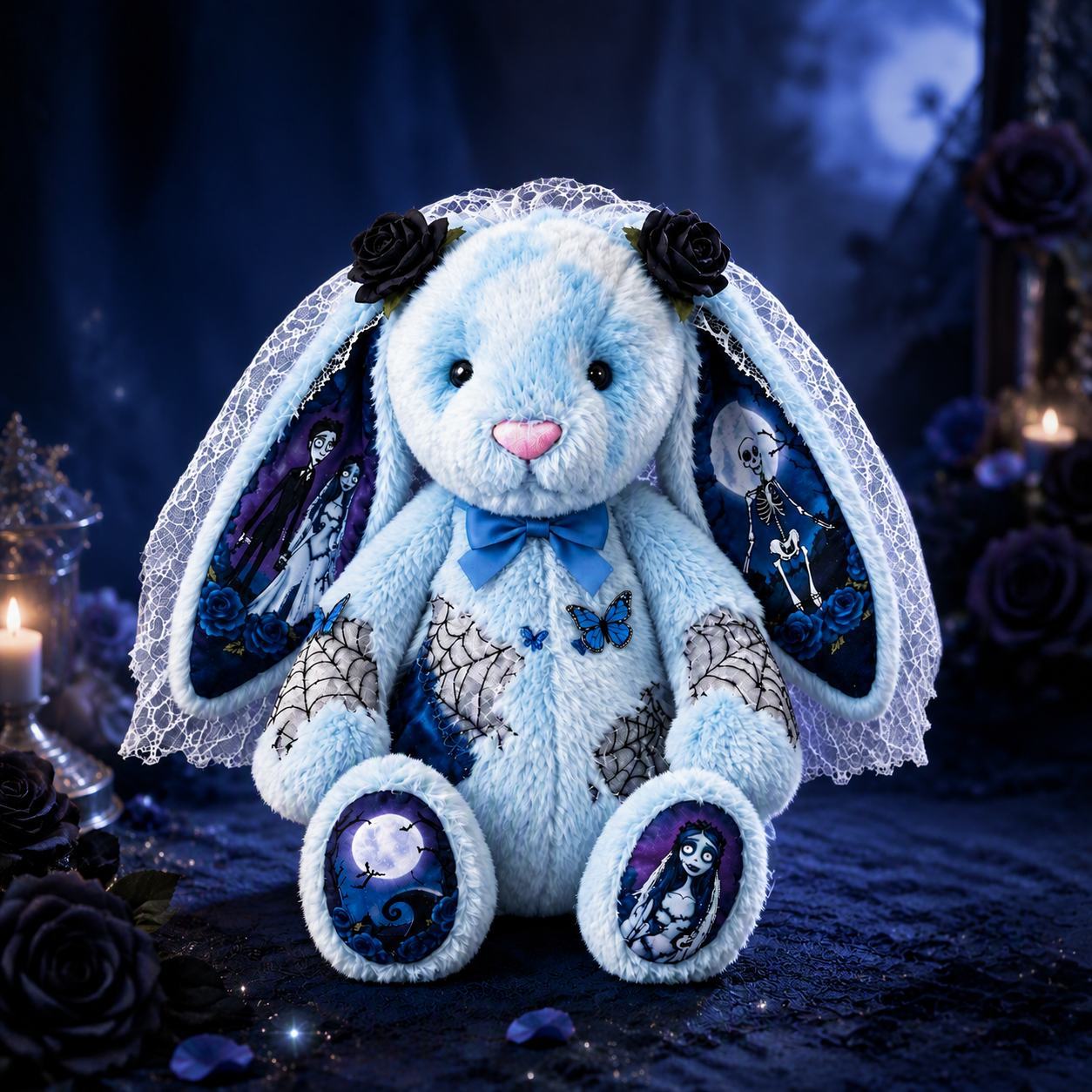 Gothic Blue Plush Bunny Doll with Character Print Ears and Feet – Halloween Gift for Teens & Adults - MyFaceSocksAU