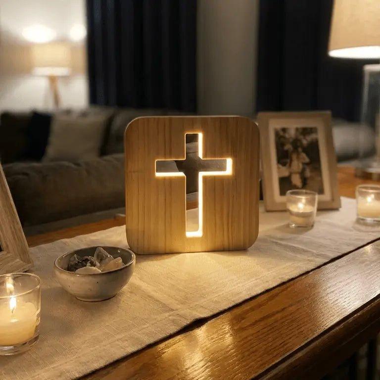 3D Wooden Cross Night Light – Hollow Wood Cross Lamp with Warm White LED, USB Powered Religious Home Decor, Bedside Table & Room Ambient Light - MyFaceSocksAU