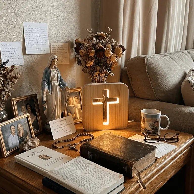3D Wooden Cross Night Light – Hollow Wood Cross Lamp with Warm White LED, USB Powered Religious Home Decor, Bedside Table & Room Ambient Light - MyFaceSocksAU