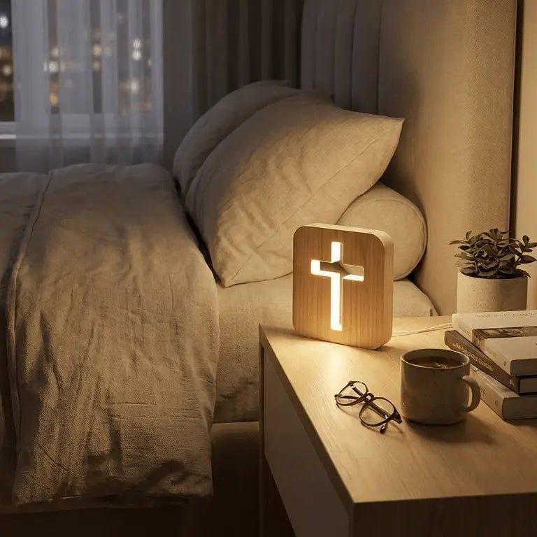 3D Wooden Cross Night Light – Hollow Wood Cross Lamp with Warm White LED, USB Powered Religious Home Decor, Bedside Table & Room Ambient Light - MyFaceSocksAU