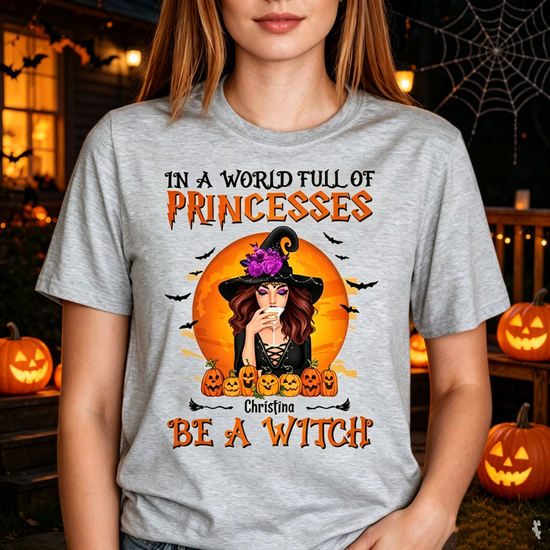 Personalized "In a World Full of Princesses, Be a Witch" Halloween T-Shirt – Unisex Spooky Graphic Tee, Funny Halloween Gift for Women & Men - MyFaceSocksAU