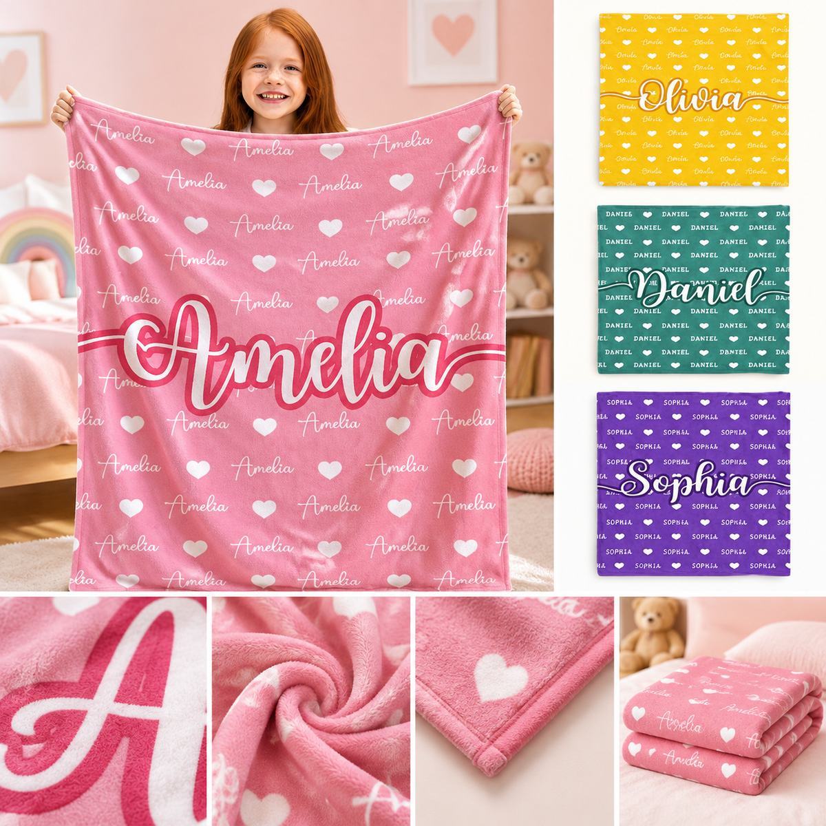 Personalized Fleece Blanket for Kids  Birthday Gift with Name & Hearts, Cozy Sherpa Throw for Girls and Boys Christmas Gift - MyFaceSocksAU