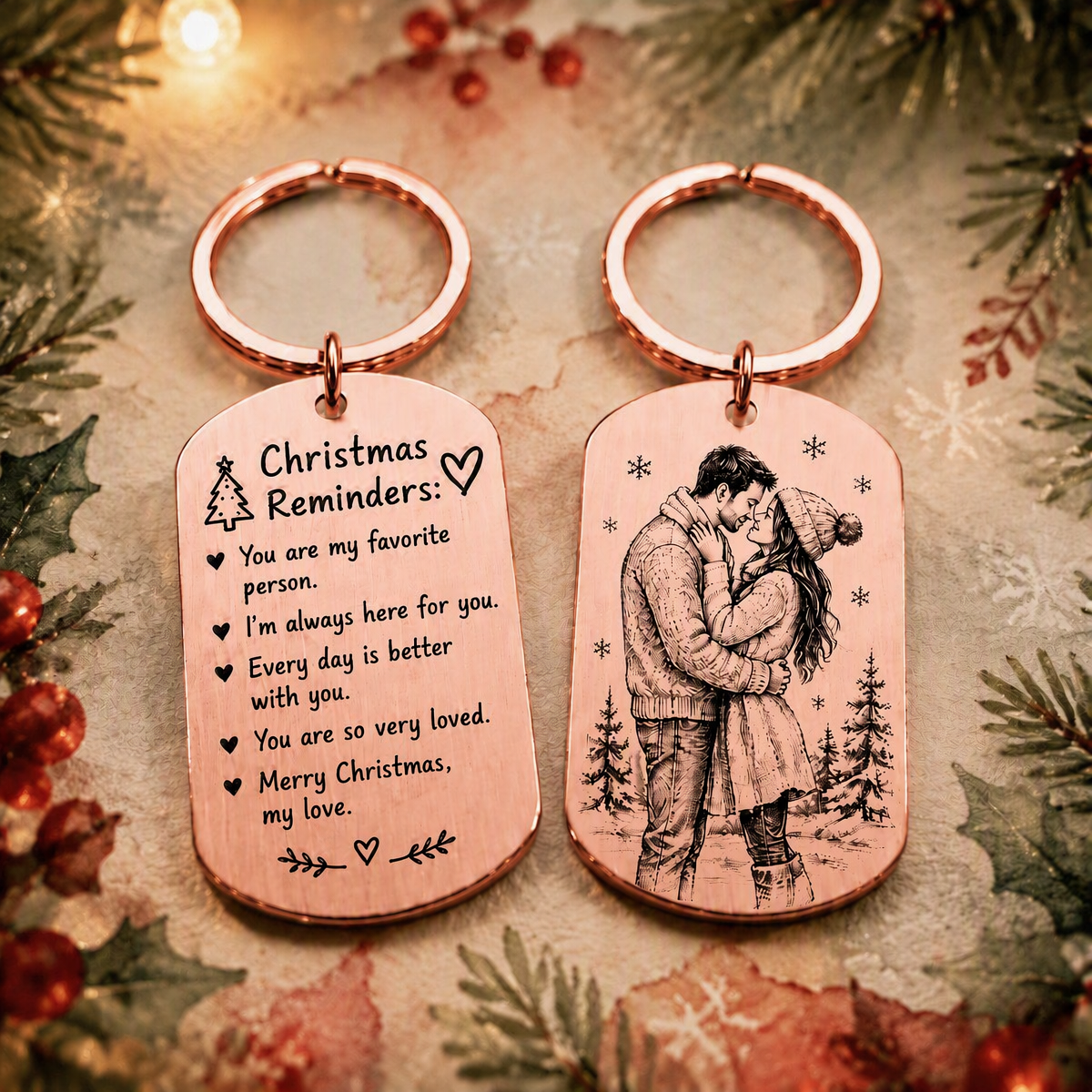 Personalized Christmas Keychain Gift for Couples  Engraved Message & Photo Stainless Steel Keyring - MyFaceSocksAU