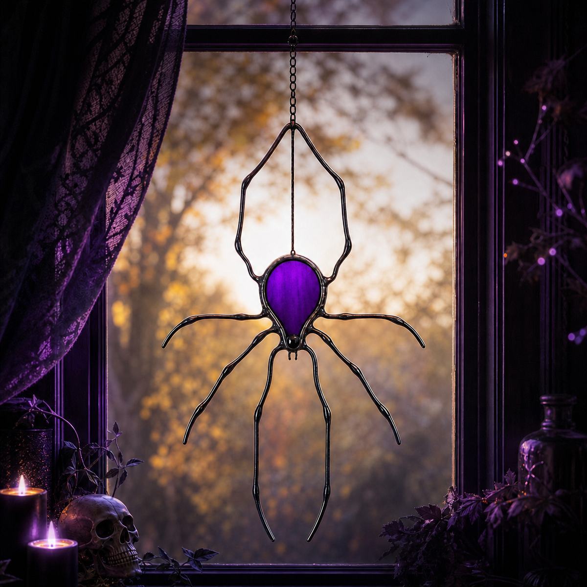 Purple Spider Stained Glass Suncatcher – Handmade Halloween Window Decor, Spooky Gift for Adults & Teens - MyFaceSocksAU