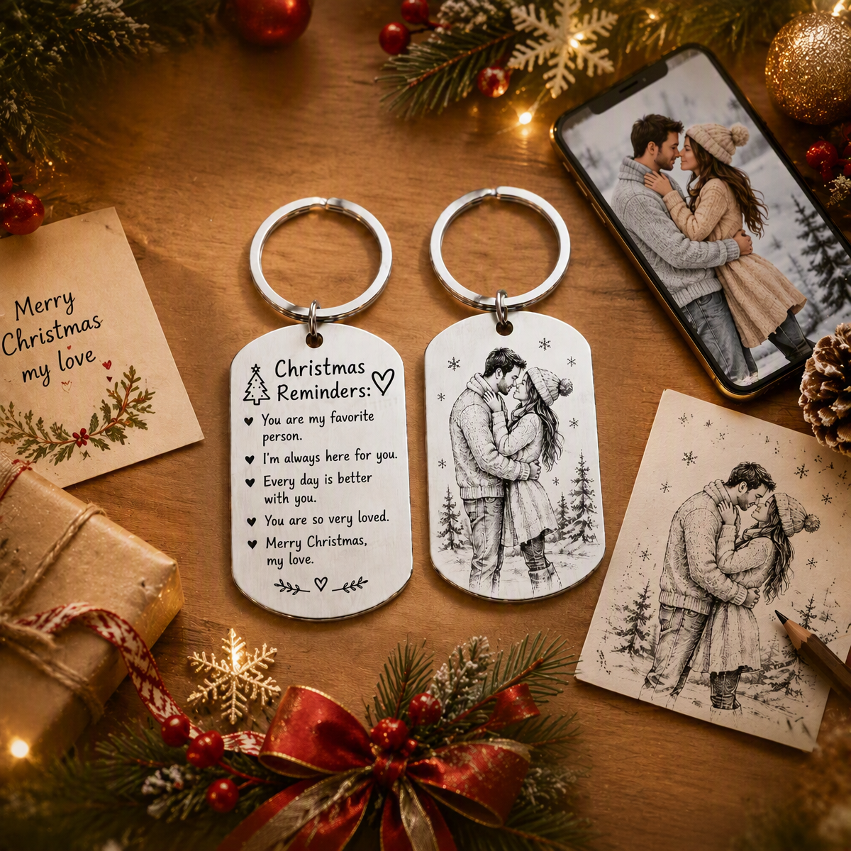 Personalized Christmas Keychain Gift for Couples  Engraved Message & Photo Stainless Steel Keyring - MyFaceSocksAU