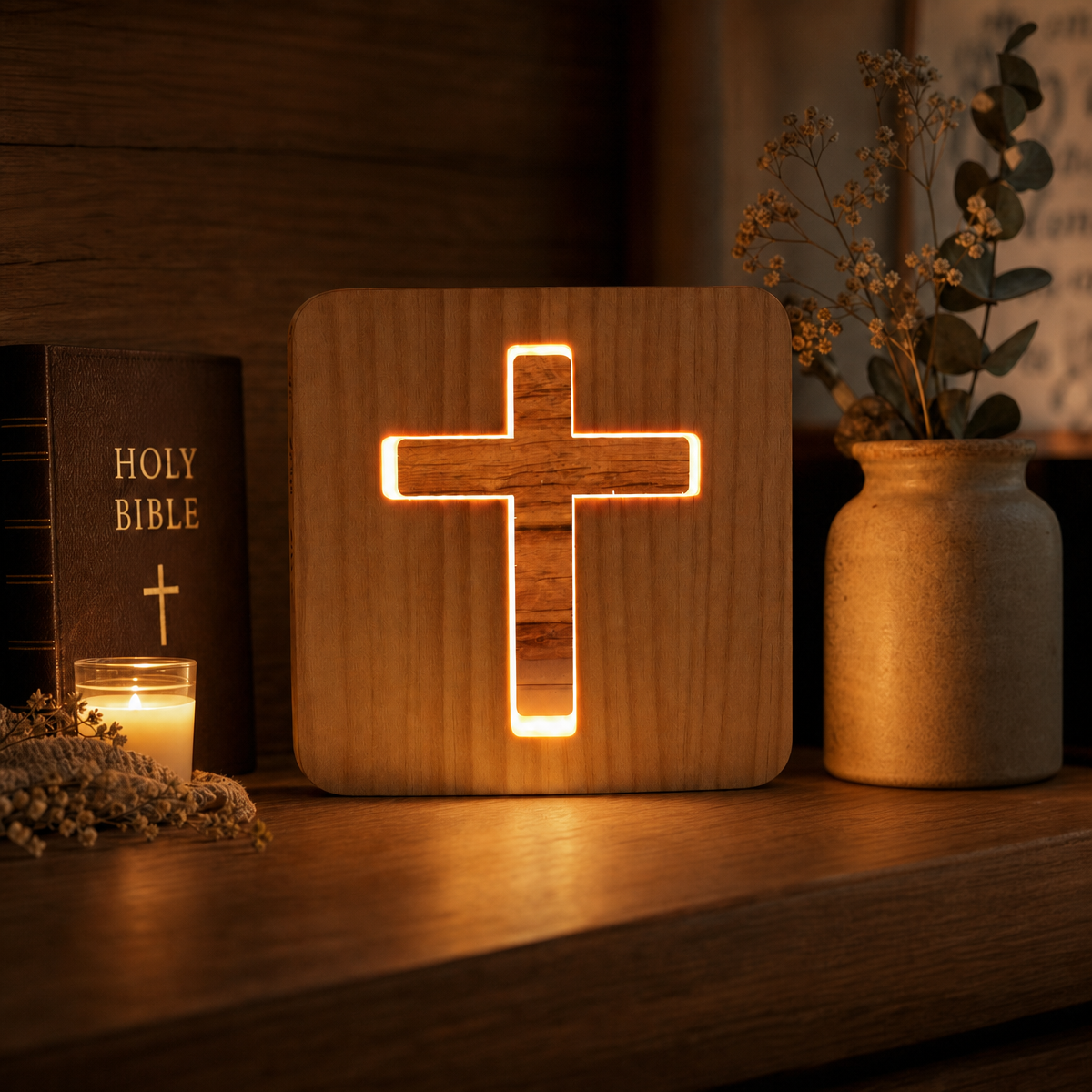 3D Wooden Cross Night Light – Hollow Wood Cross Lamp with Warm White LED, USB Powered Religious Home Decor, Bedside Table & Room Ambient Light - MyFaceSocksAU