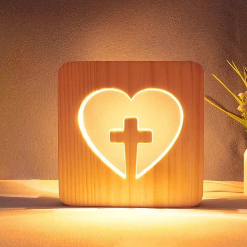 3D Wooden Cross Night Light – Hollow Wood Cross Lamp with Warm White LED, USB Powered Religious Home Decor, Bedside Table & Room Ambient Light - MyFaceSocksAU