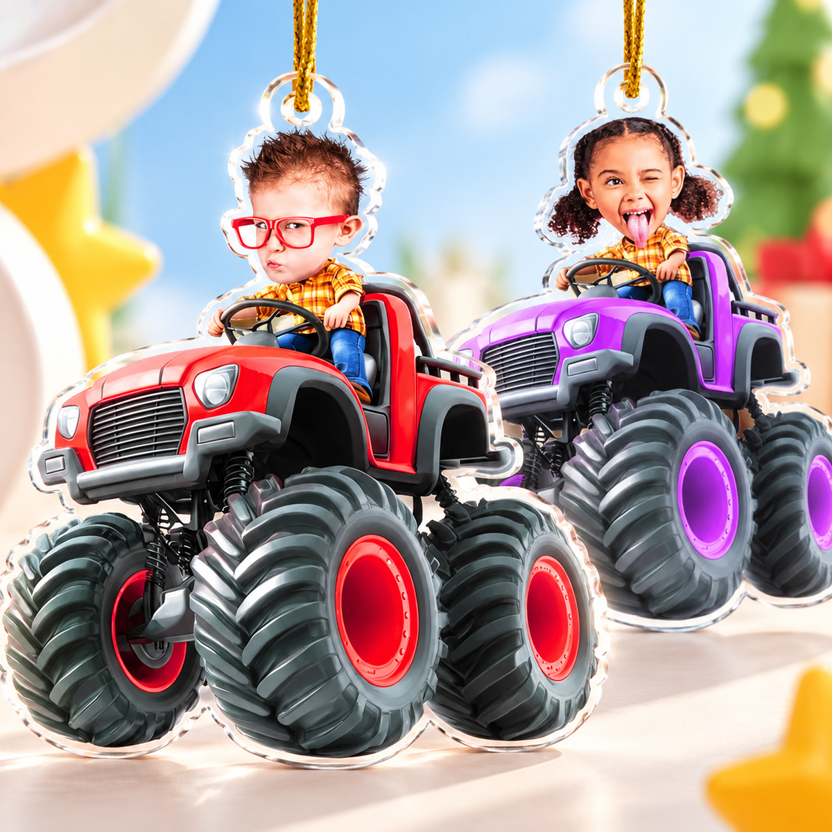 Custom Face Kid Riding Monster Truck Personalized Acrylic Photo Ornament – Kids & Toddler Christmas Gift, Birthday Keepsake - MyFaceSocksAU