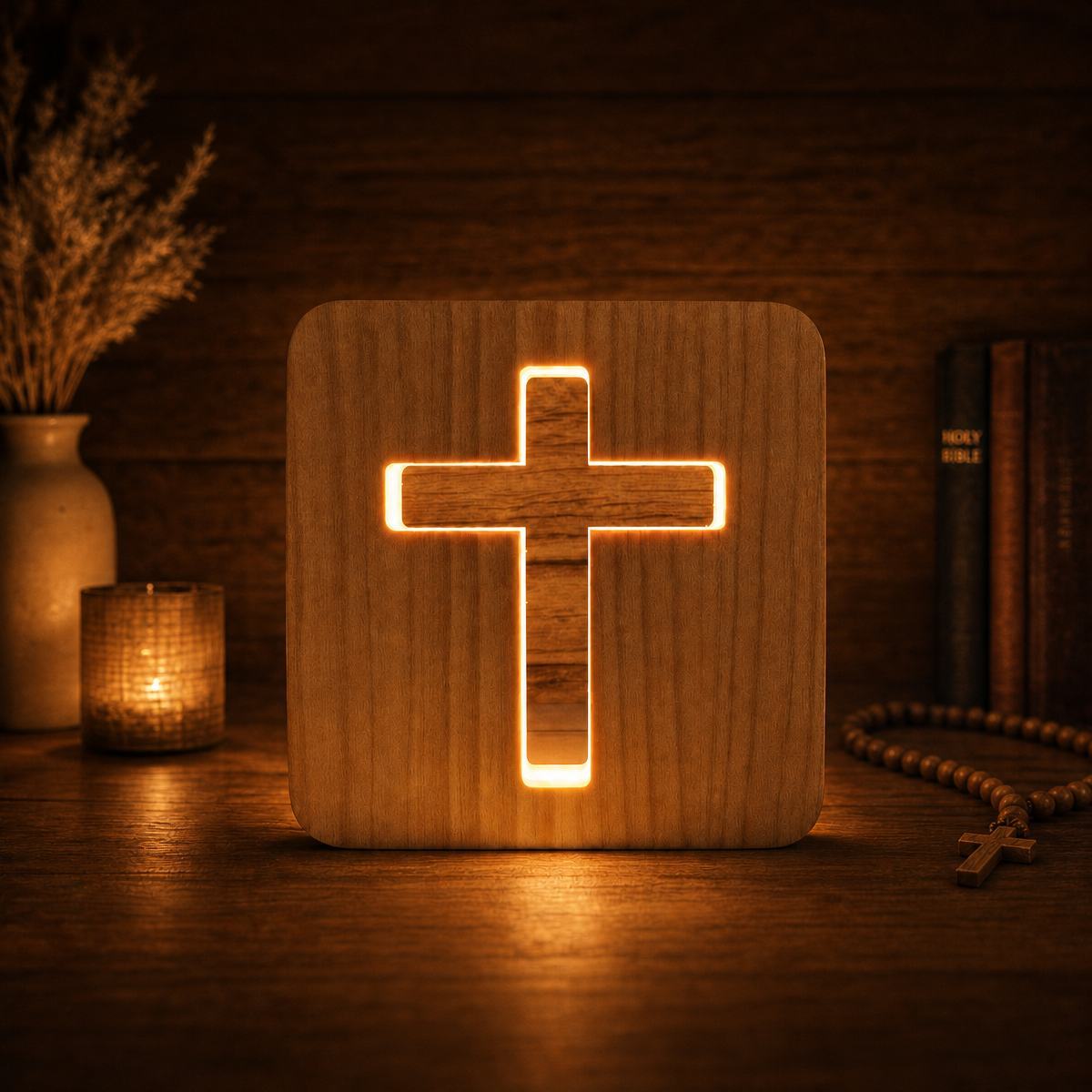 3D Wooden Cross Night Light – Hollow Wood Cross Lamp with Warm White LED, USB Powered Religious Home Decor, Bedside Table & Room Ambient Light - MyFaceSocksAU