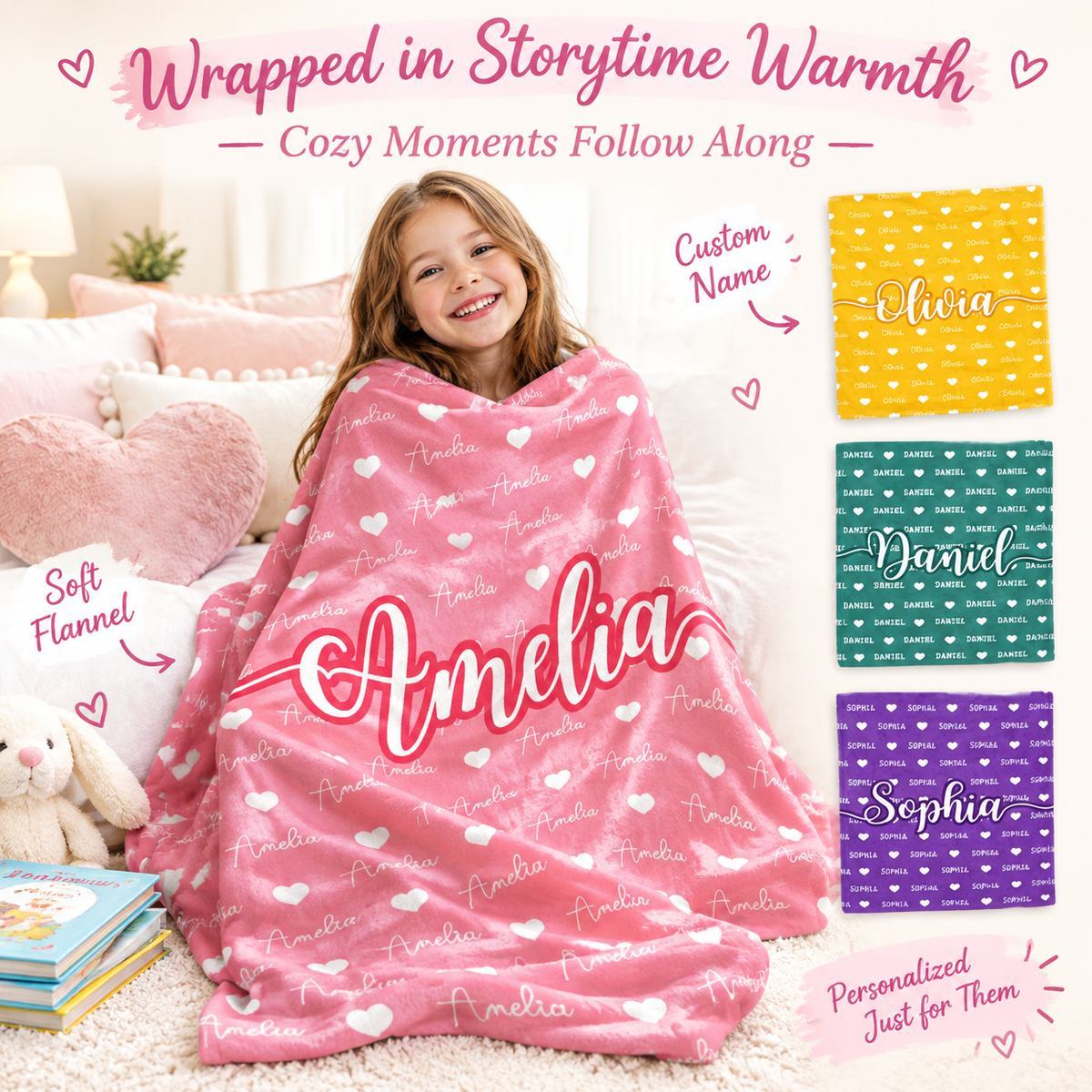 Personalized Fleece Blanket for Kids  Birthday Gift with Name & Hearts, Cozy Sherpa Throw for Girls and Boys Christmas Gift - MyFaceSocksAU