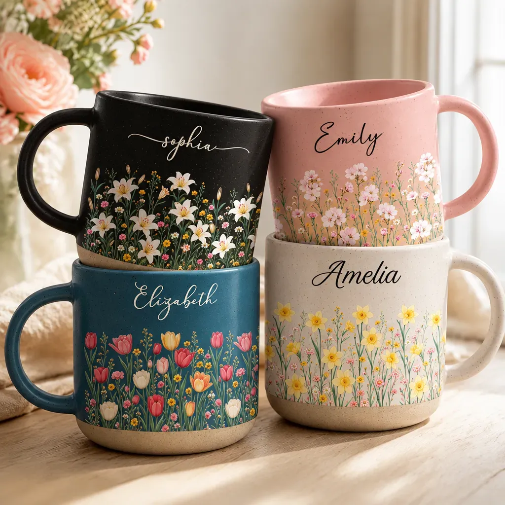 Birth Month Flower Personalized Mug – Custom Ceramic Coffee Cup, Monthly Birth Flower Gift for Her, Mom, Wife & Friends - MyFaceSocksAU