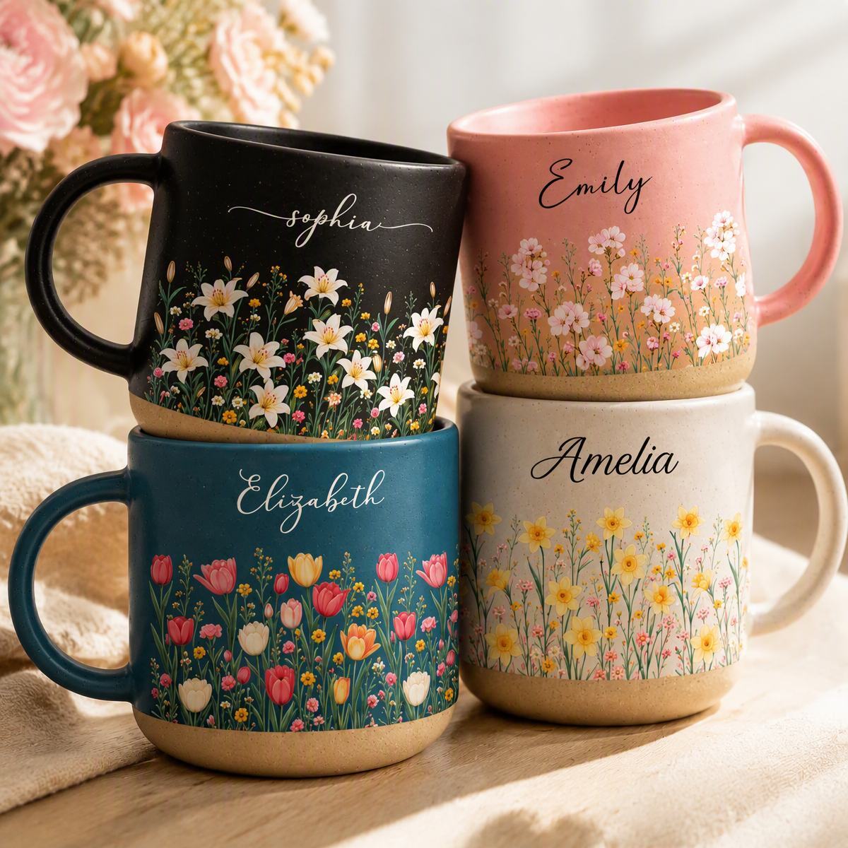 Birth Month Flower Personalized Mug – Custom Ceramic Coffee Cup, Monthly Birth Flower Gift for Her, Mom, Wife & Friends - MyFaceSocksAU