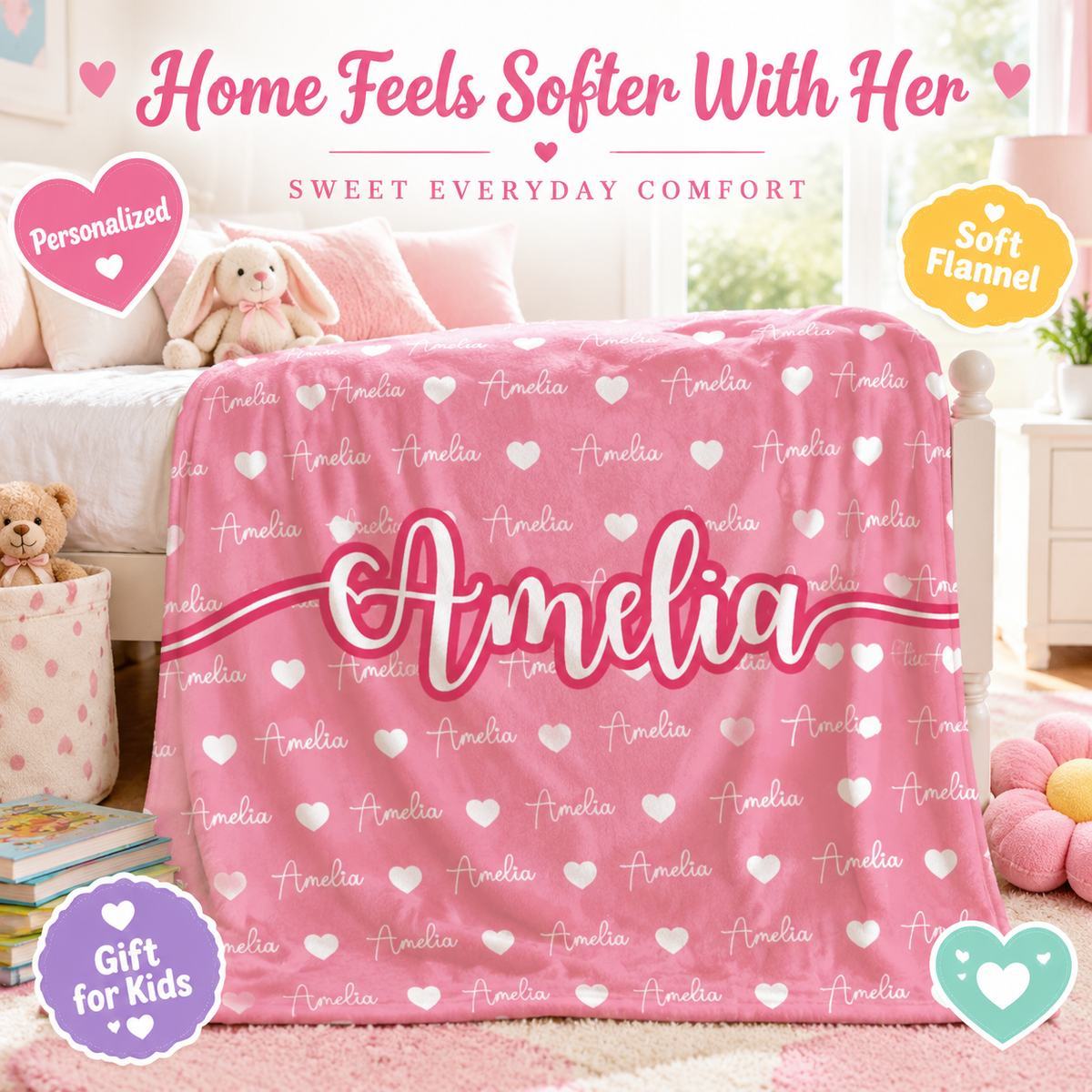 Personalized Fleece Blanket for Kids  Birthday Gift with Name & Hearts, Cozy Sherpa Throw for Girls and Boys Christmas Gift - MyFaceSocksAU