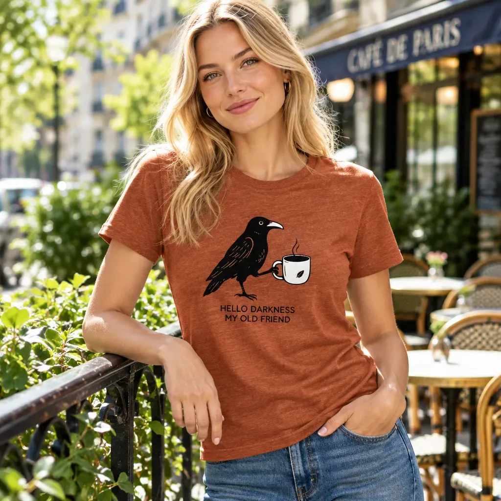 Raven Coffee Lover T-Shirt Gift for Halloween, Gothic Fans & Bookworms - Soft Cotton Graphic Tee - MyFaceSocksAU