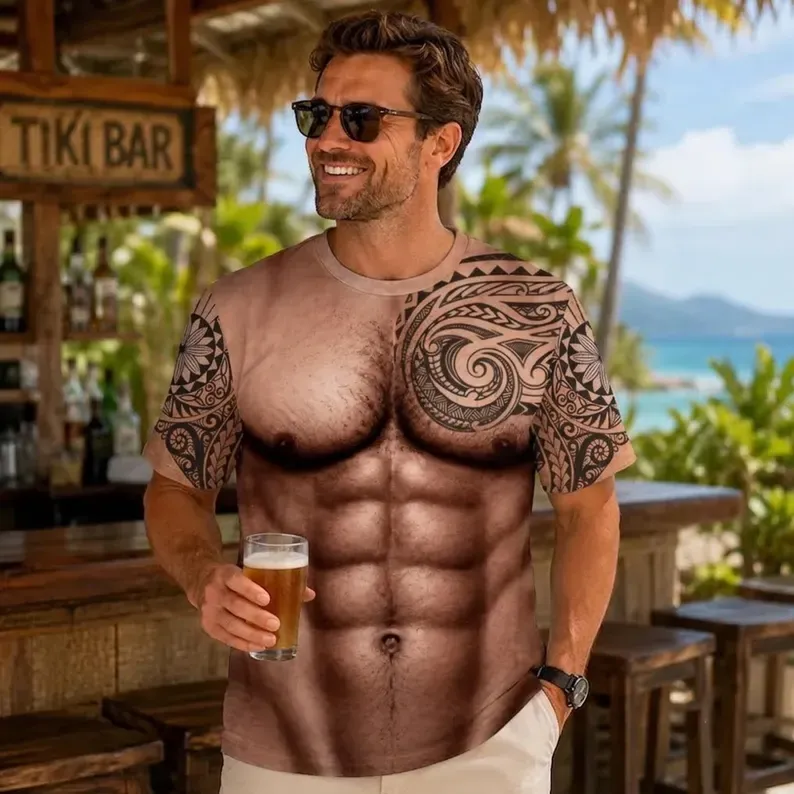 3D Hairy Body Tattoo Graphic T-Shirt, Funny Hairy Body Shirt, Muscular Chest Illusion Shirt, Summer Vacation Travel Gifts for Husband - MyFaceSocksAU