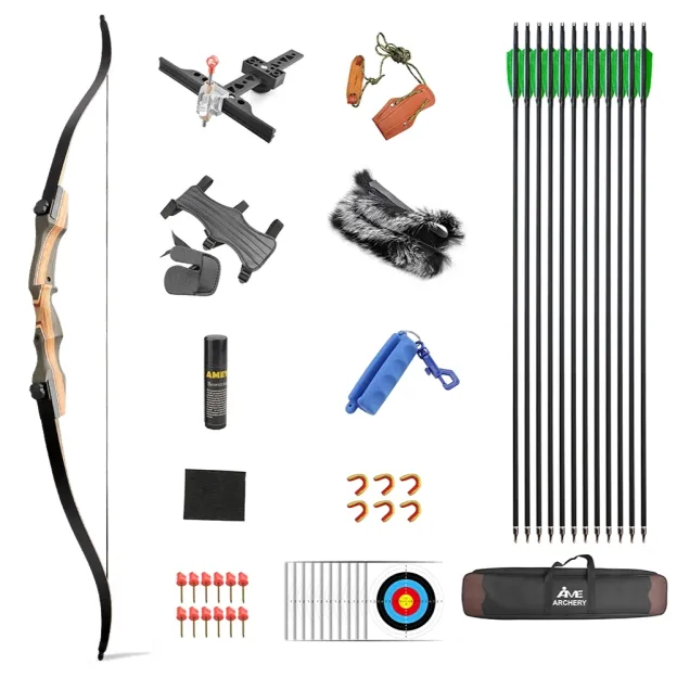 Lightweight and portable recurve bow for archery enthusiasts.