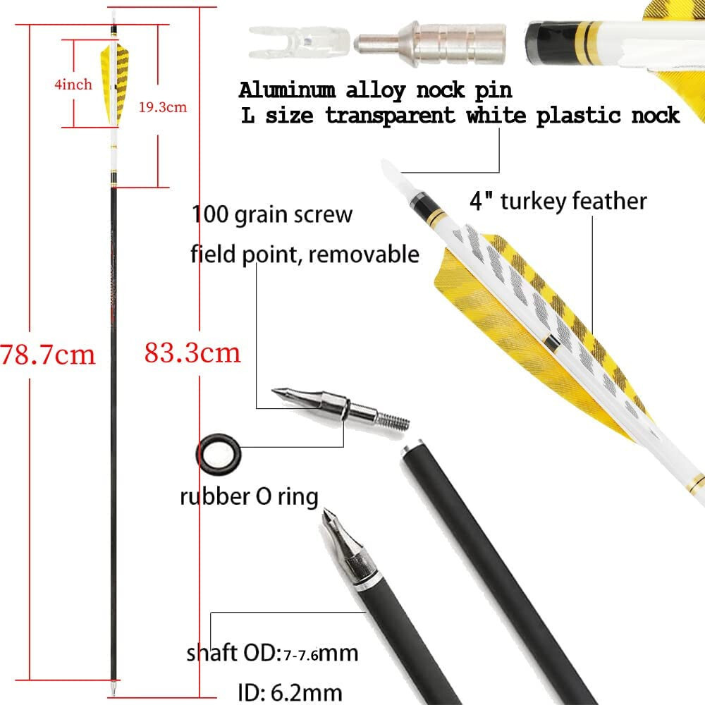 31" Pure Carbon Arrows SP250-600 Feathers Hunting Target