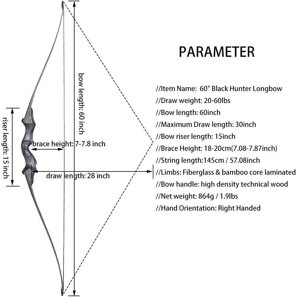 Black Hunter Hunting Longbow for Adult 60 inch 20-60lbs RH LH Target