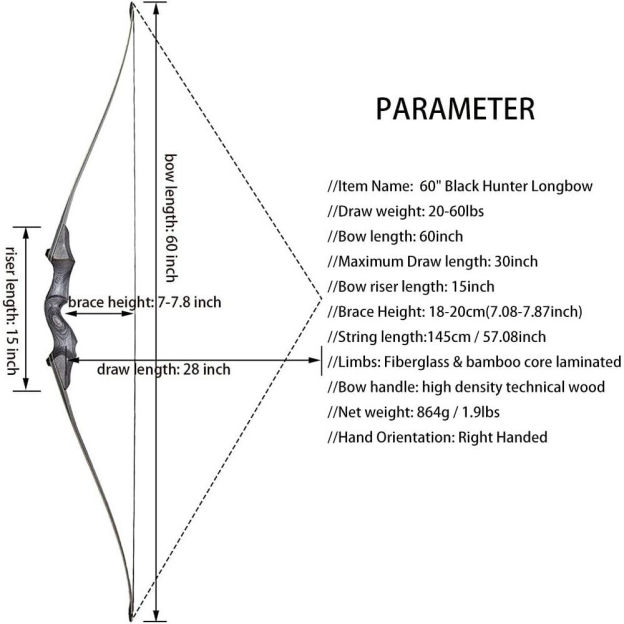 Black Hunter Hunting Longbow for Adult 60 inch 20-60lbs RH LH Target