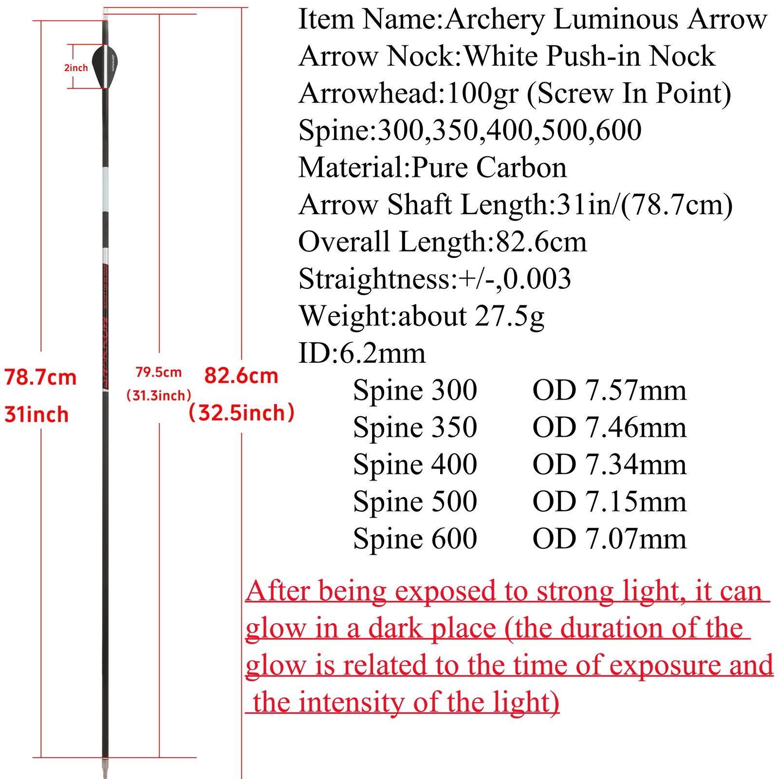 Pure Carbon Arrow Luminous SP300-600 Vanes Archery Hunting