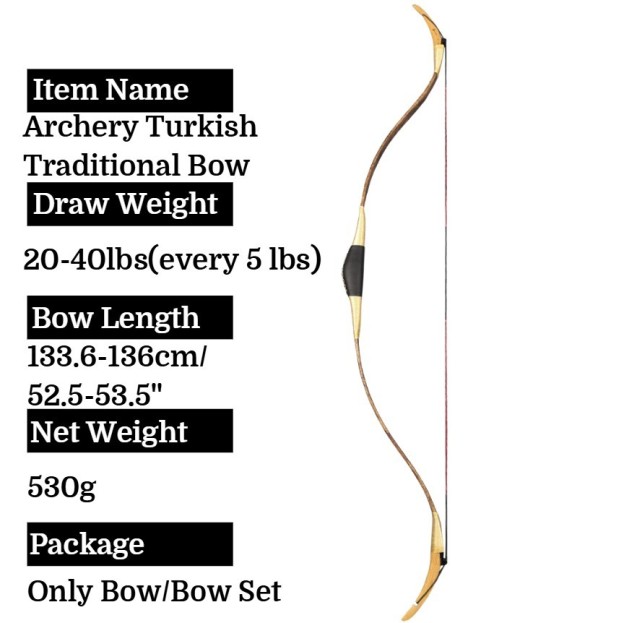 Turkish Traditional Bow Handcrafted Leather-Wrapped Recurve 53"