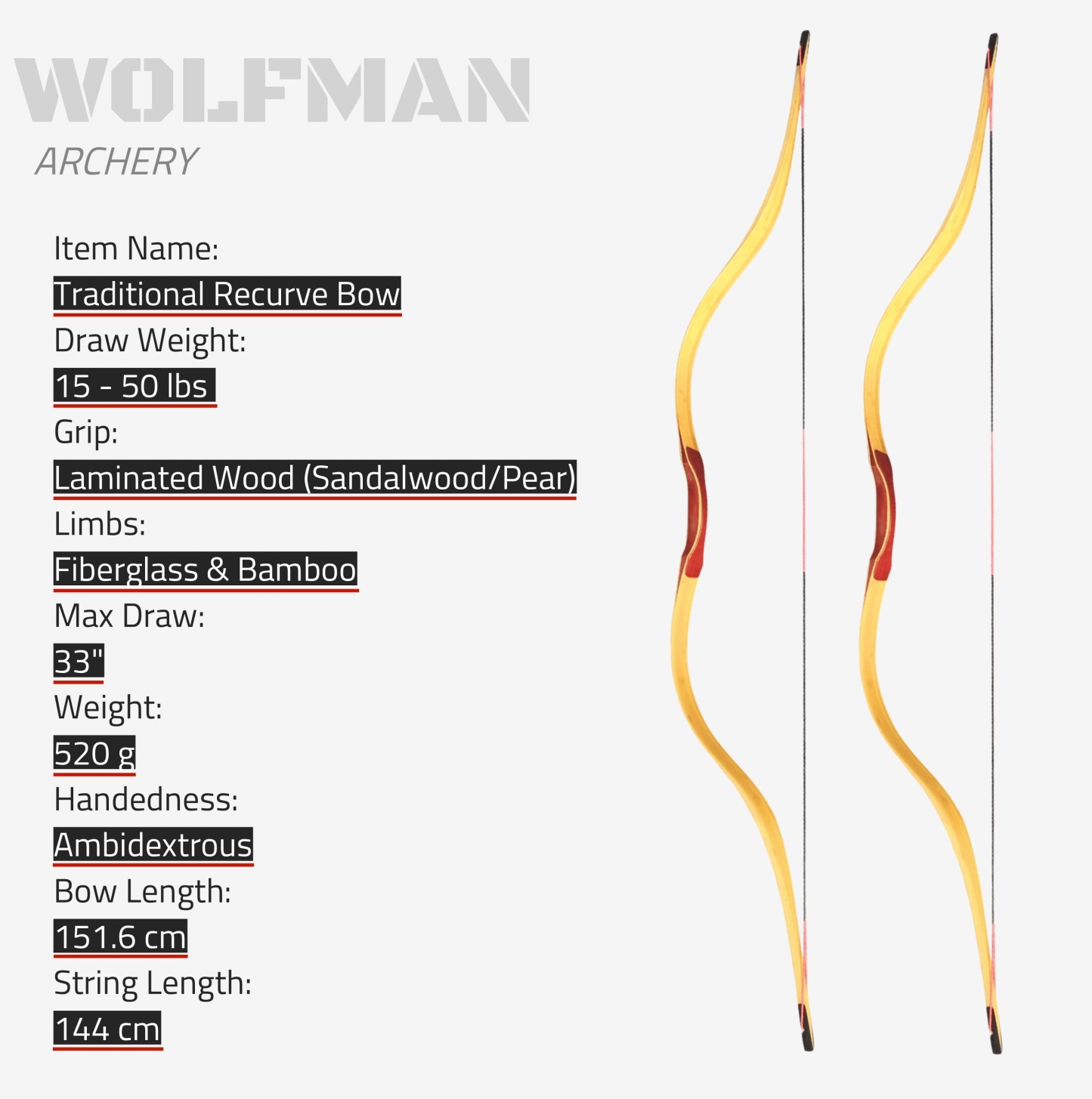 L/RH Hunting Traditional Bow 15-50lbs Archery Longbow